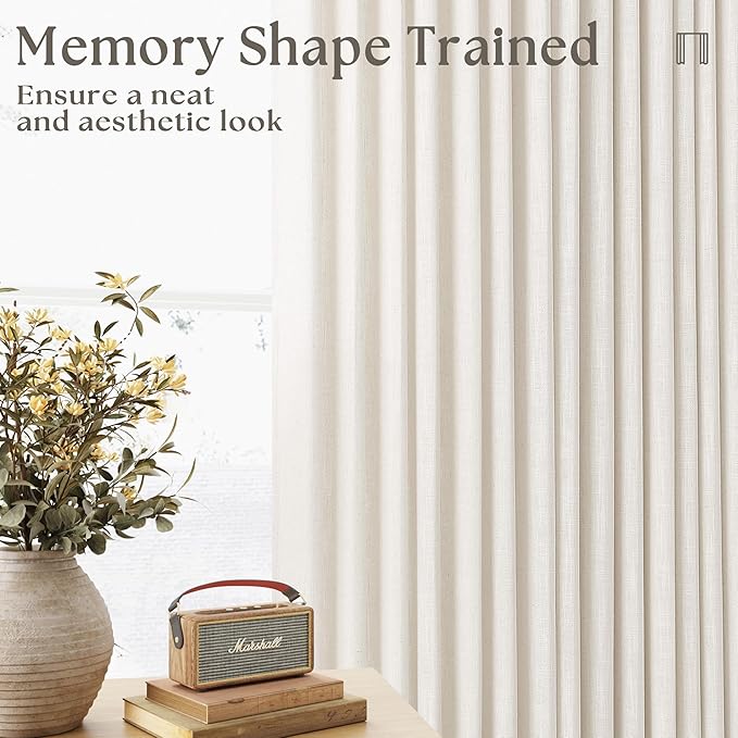 Extra Wide Pinch Pleat 100 x 102 Inch Linen Curtains for Living Room Cream Ivory Light Filtering Semi Sheer Pleated Curtains for Patio Glass Sliding Door Dining Bedroom Large Window 100x102 1 Panel