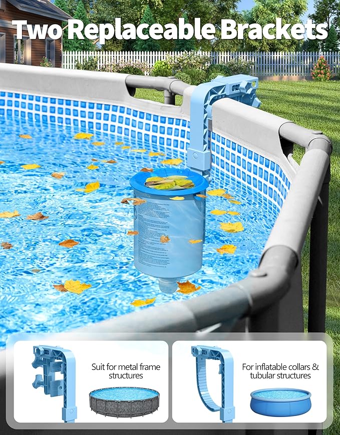 BluSwim 2026 Above Ground Pool Surface Skimmer Come with 3 Filter Socks, Enhanced Structure & Thickened Brackets Wall Mount Pool Skimmer, Floating Top Skimmers - Auto Skimming Surface Debris - Blue