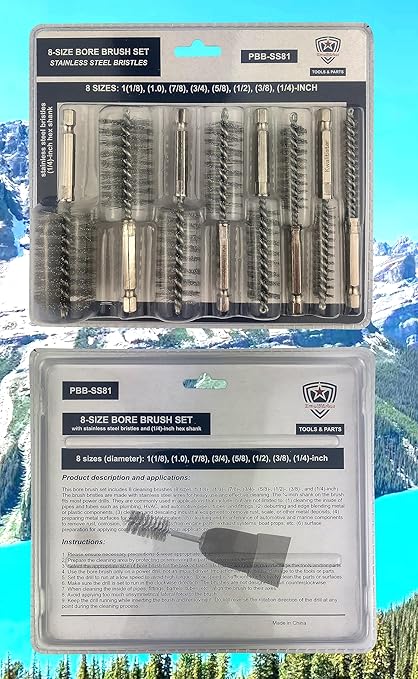 [8-Size_2 Sets] Bore Brush Set, Stainless-Steel Wire Brush for Power Drill, Drill Brush Set, Metal Brush, Cleaning Brush, 1(1/8), 1.0, 7/8, 3/4, 5/8, 1/2, 3/8, 1/4-inch Diameter, w/ 1/4-in Hex Shank