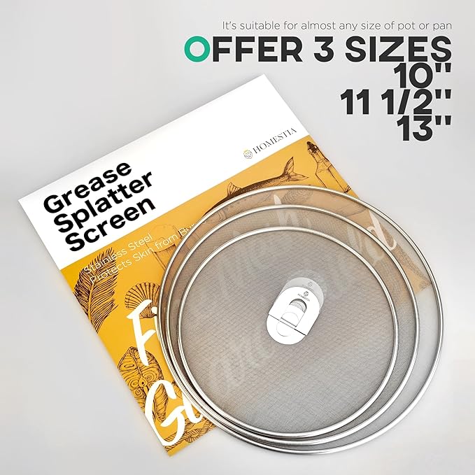 Homestia Splatter Screen for Kitchen, Stainless Steel Fine Mesh Splatter Screen for Frying Pan, 13” Grease Splatter Guard with Fold Flat Knob