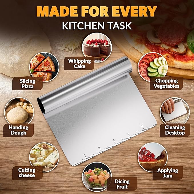 Bench Scraper Kitchen – Multipurpose Pastry Scraper Tool with Measurement Marks for Even Portions, Stainless Steel Build, Ergonomic Grip for Better Control – Pizza, Cookie & Bread Dough Cutter Tool