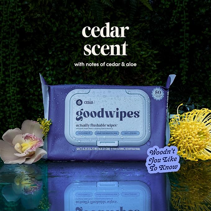 goodwipes Flushable Wipes - Cedar Wet Wipes for Adults, Sewer & Septic Safe, Guest Bathroom Essentials for Women & Men, pH Balanced & Extra Large, 153 Count (3 Packs and 3 Singles)