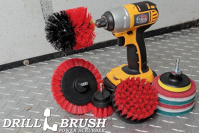 Drillbrush Commercial Heavy Duty Scouring Pads and Scrubber Set Drill Powered Nylon Scrub Brush Attachment Set Outdoor Cleaning Drill Brush Power Scrubber