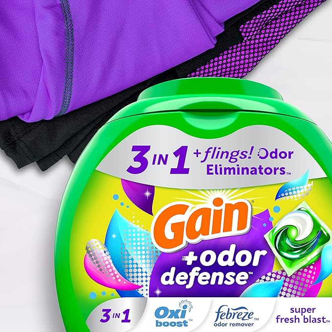 Gain Flings Laundry Detergent Pacs with Odor Defense, 60 Count, Super Fresh Blast Scent, HE 3in1 Detergent Pacs with Febreze and Oxi