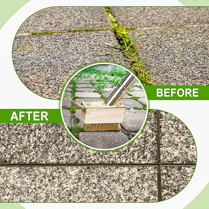 Moss Remover Brush Crack Weeder Tool Stainless Steel Crevice Weeder with 2 Brush Heads - Long Handle Weed Puller for Deck, Patio, Walkway, Driveway Crevice Cleaning Tool (Moss Remover Tool-2)