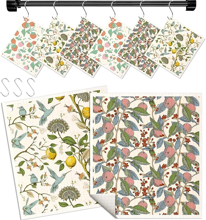 Miss Adola Kitchen Swedish Dishcloths with Hooks - 6 Pack Reusable Dish Cloths for Washing Dishes Fast Drying Cute Fun Swedish Dish Towels Washable Cleaning Sponge, Trees Fruits