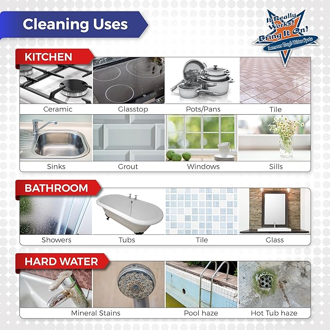 BRING IT ON! CLEANER Professional Hard Water Stain Remover & Glass Shield Sealant, Tiles, grout, Windows, Fiberglass, Chrome, Tubs, Toilets