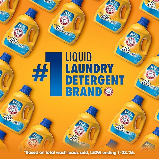 ARM & HAMMER Plus OxiClean Ultra Stain Fighters Liquid Laundry Detergent, Stain Remover for Clothes, Fresh Scent, 74 Loads, 96.2 Fl Oz