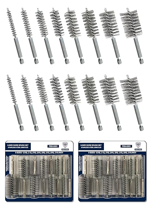 [8-Size_2 Sets] Bore Brush Set, Stainless-Steel Wire Brush for Power Drill, Drill Brush Set, Metal Brush, Cleaning Brush, 1(1/8), 1.0, 7/8, 3/4, 5/8, 1/2, 3/8, 1/4-inch Diameter, w/ 1/4-in Hex Shank