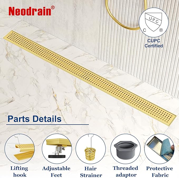 Neodrain 36-Inch Brushed Brass Linear Shower Drain with Removable Quadrato Pattern Grate,304 Stainless Steel Gold Rectangle Shower Floor Drain,Linear Drain with Hair Strainer