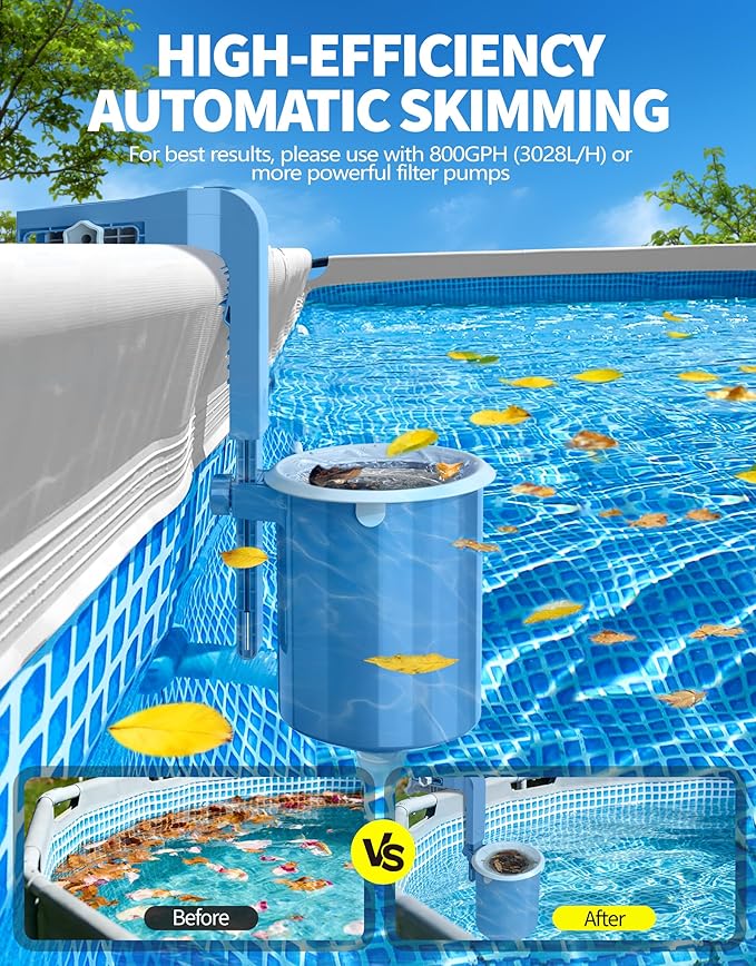 BluSwim Above Ground Pool Skimmer with Solar Digital Thermometer | Wall Mount Surface Skimmer - Auto Skimming Pool Floating Debris | 2 Upgraded Bracket - Stable&Height Adjustable-Steel Blue