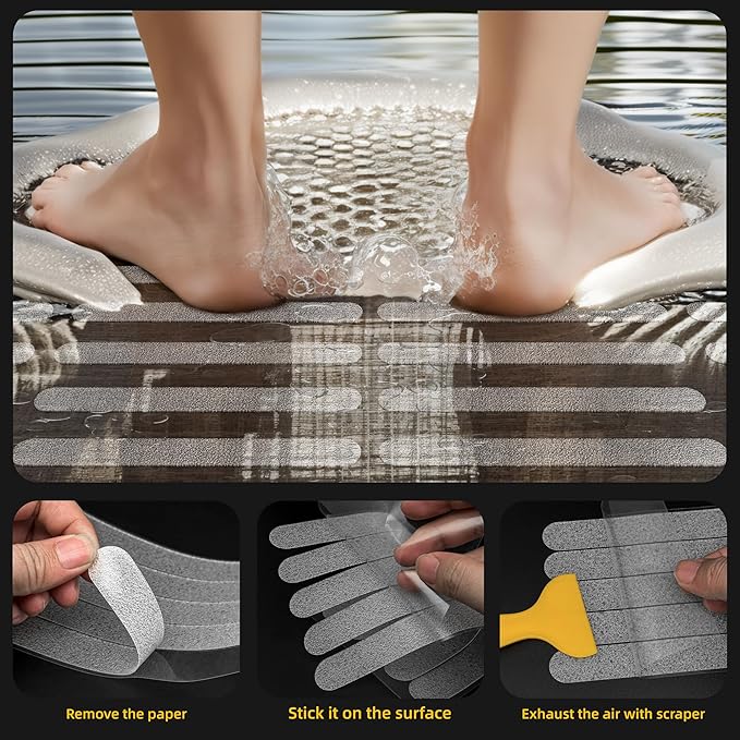 20-Pack Clear Bathtub Stickers Non-Slip, Long-Strip Shower Treads with Scraper, Peel-and-Stick Safety Decals for Tub & Shower Floor, Removable, Barefoot-Soft Grip