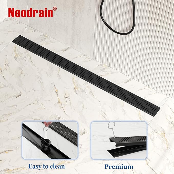 Neodrain 36-Inch Black Linear Shower Drain with Removable Quadrato Pattern Grate,304 Stainless Steel Rectangle Shower Floor Drain, Linear Drain with Leveling Feet,Hair Strainer,Matte Black