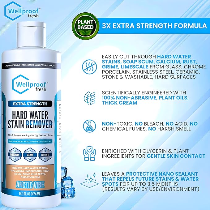 Wellproof Hard Water Stain, Soap Scum, Limescale, Calcium & Rust Remover for Home Appliances – 3X Nanotech Deep Cleaner – No Bleach, No Chemical Fumes – Safe for Family & Washable Hard Surfaces