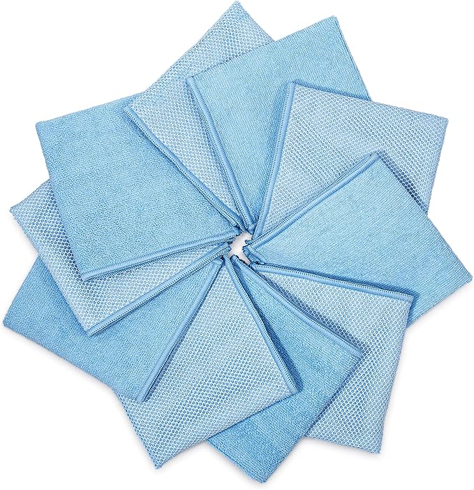 Zflow Microfiber Dish Cleaning Cloth in Blue - Dish Rags Kitchen Cleaning Cloths with Poly Scour Mesh Scrubbing Side - 10 Pack 12"x12"…