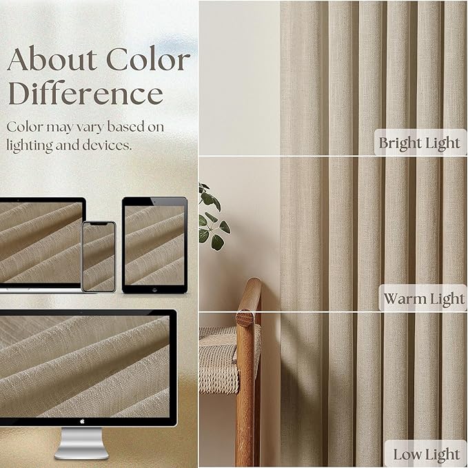 Pinch Pleated Linen Curtains 102 Inches Long 2 Panels Set for Living Room Bedroom Farmhouse Burlap Back Tab Pinch Pleat Drapes Ceiling Floor Window Curtains 102 Inch Length Gray Beige Tan Neutral